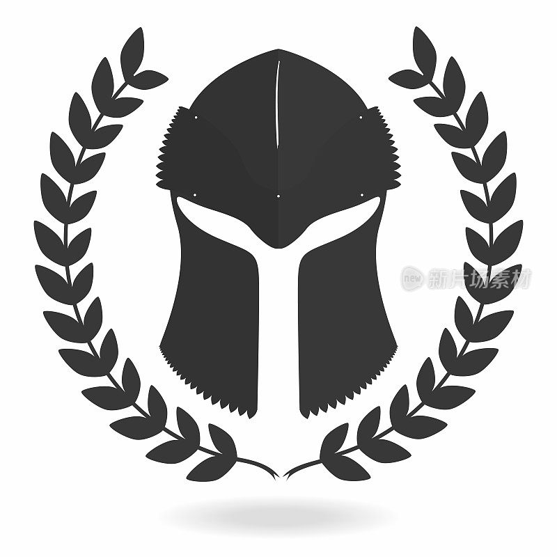 Spartan helmet silhouette with laurel wreath. Front view. Knight, gladiator, viking, warrior helmet icon